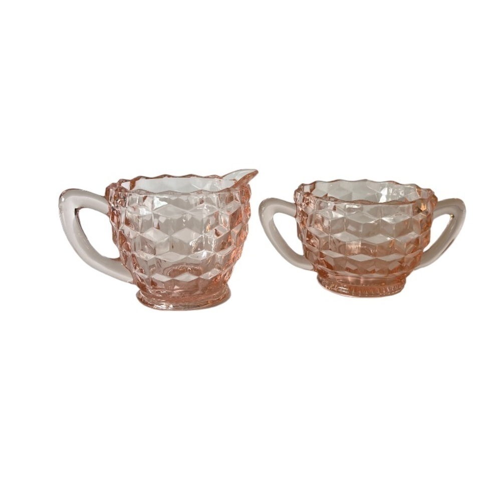 Pink Depression Glass Cube Pattern Sugar & Creamer Set